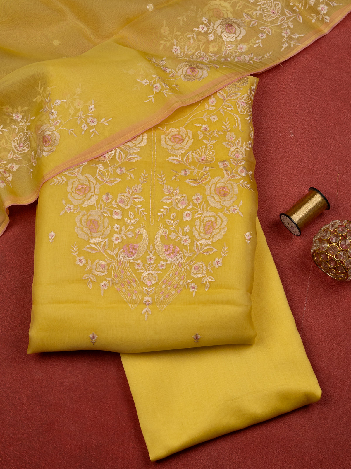 Yellow Organza Unstitched Suit