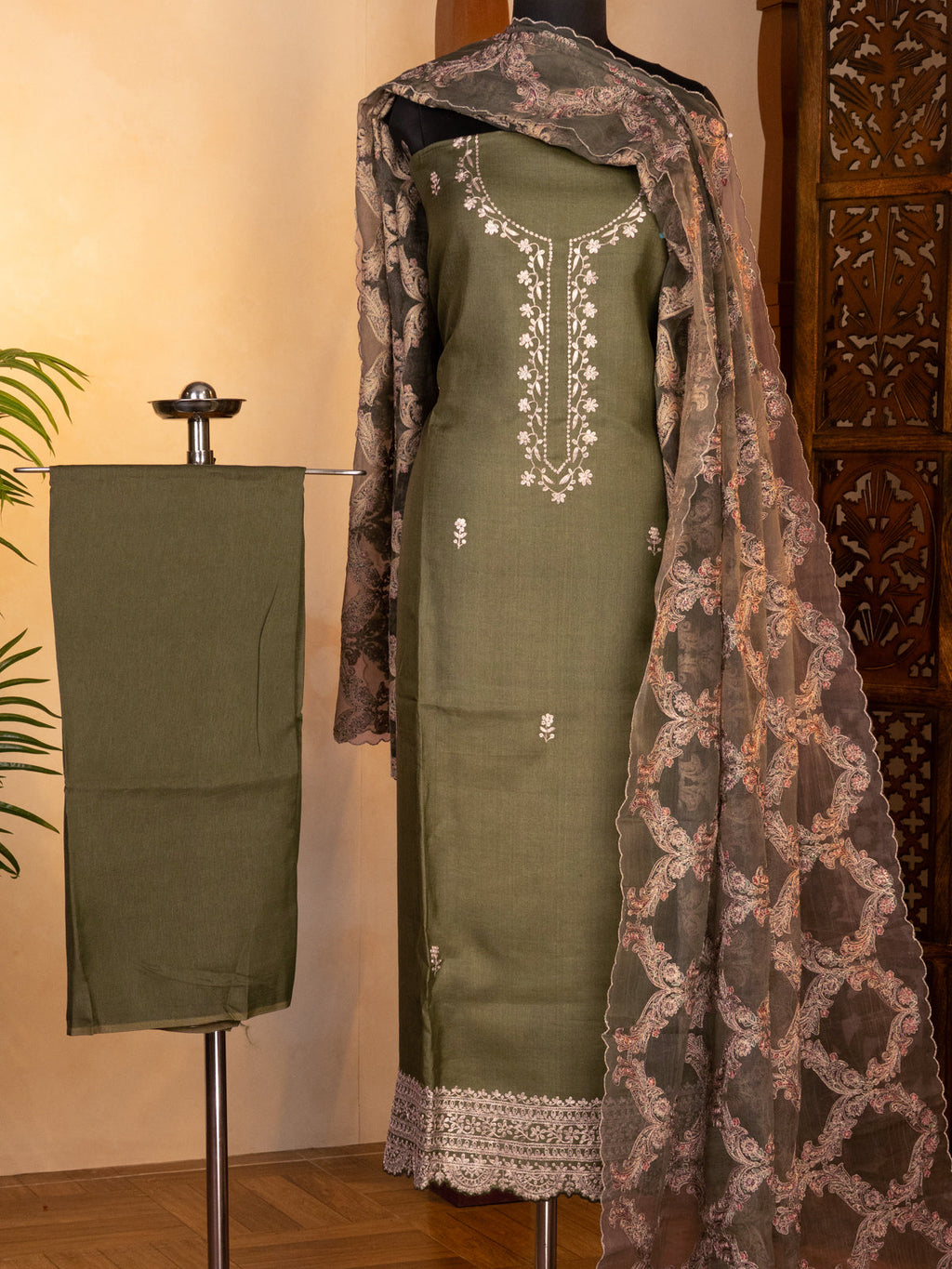 Sap Green Tussar Unstitched Suit