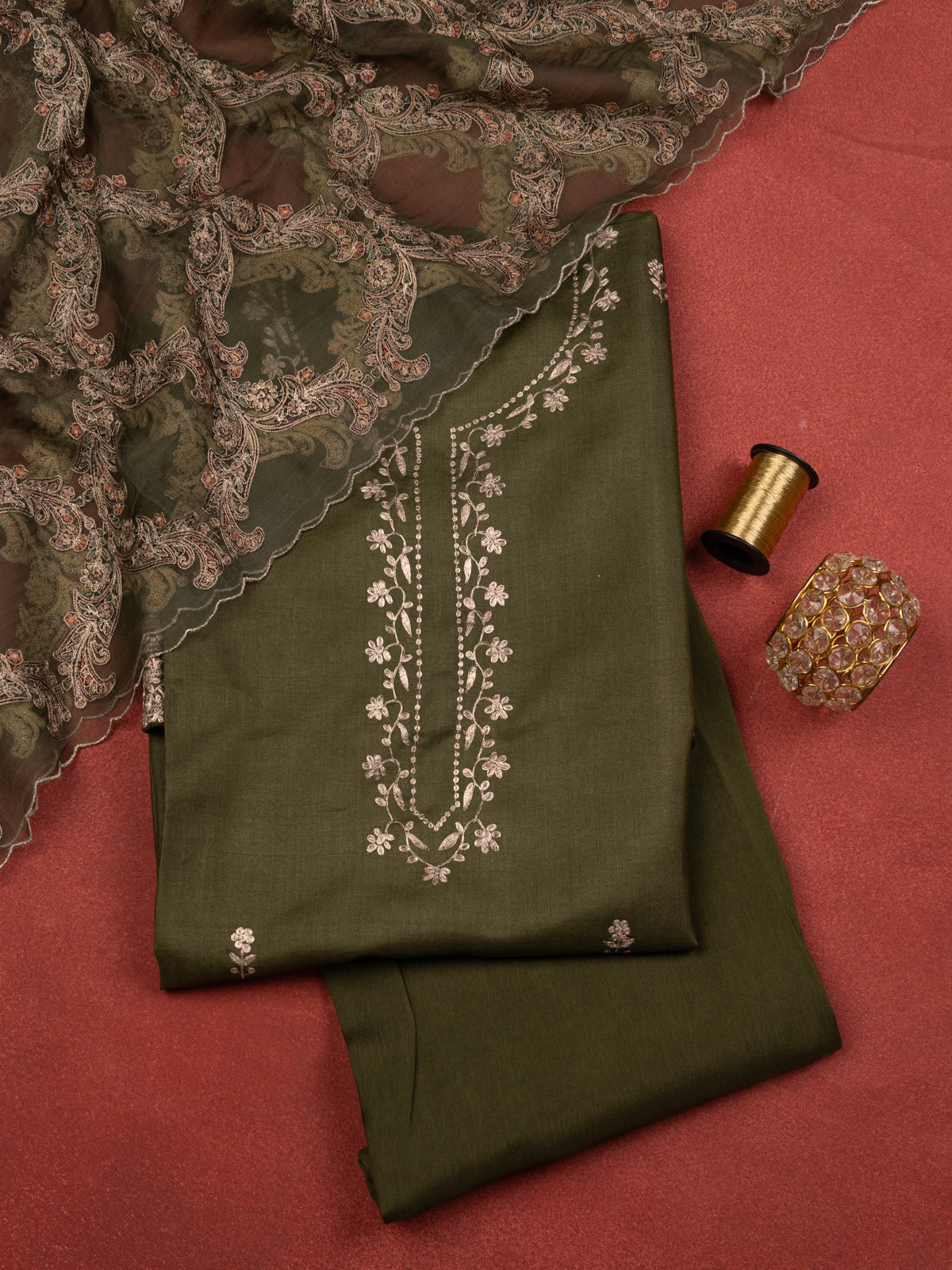 Sap Green Tussar Unstitched Suit