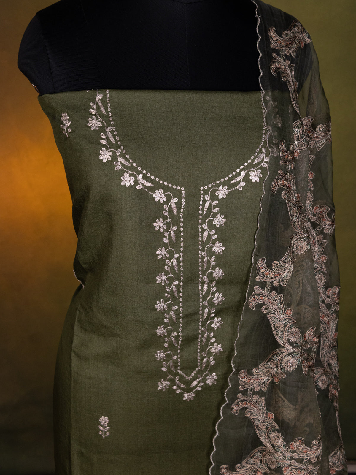 Sap Green Tussar Unstitched Suit