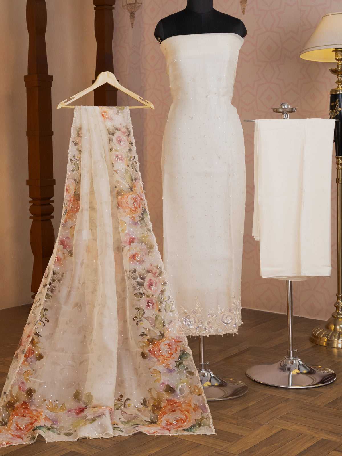Cream Organza Unstitched Suit