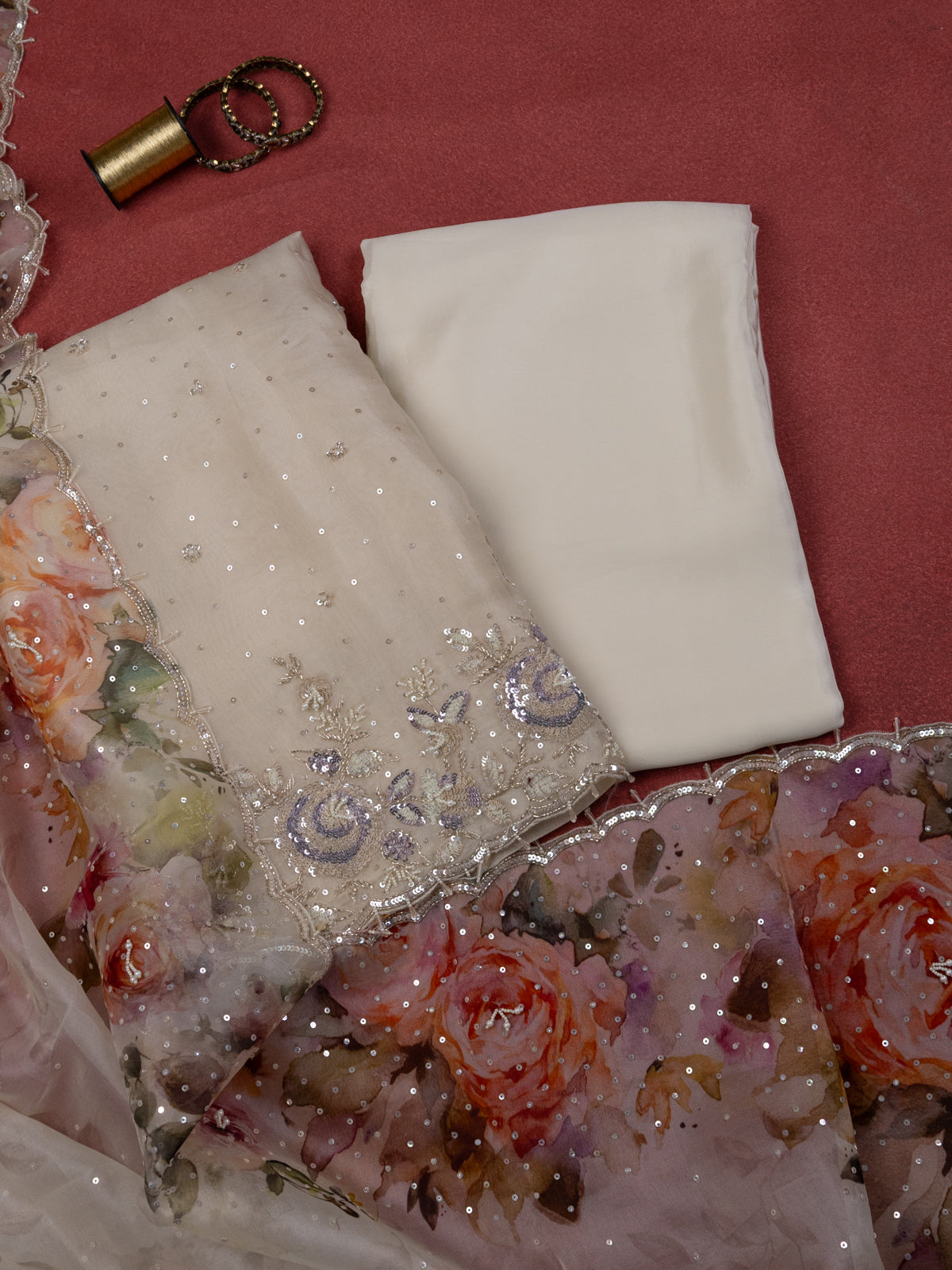Cream Organza Unstitched Suit