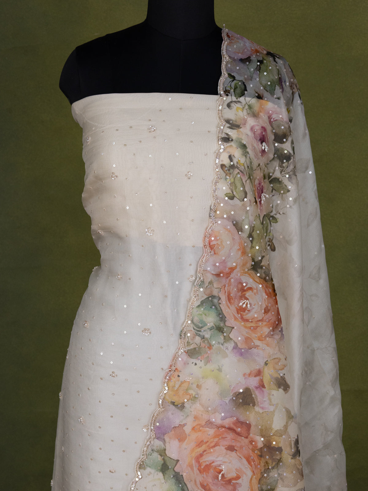 Cream Organza Unstitched Suit