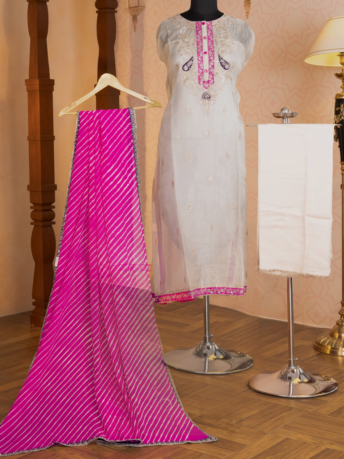 Silver & Pink Tissue Silk Semi-Stitched Suit