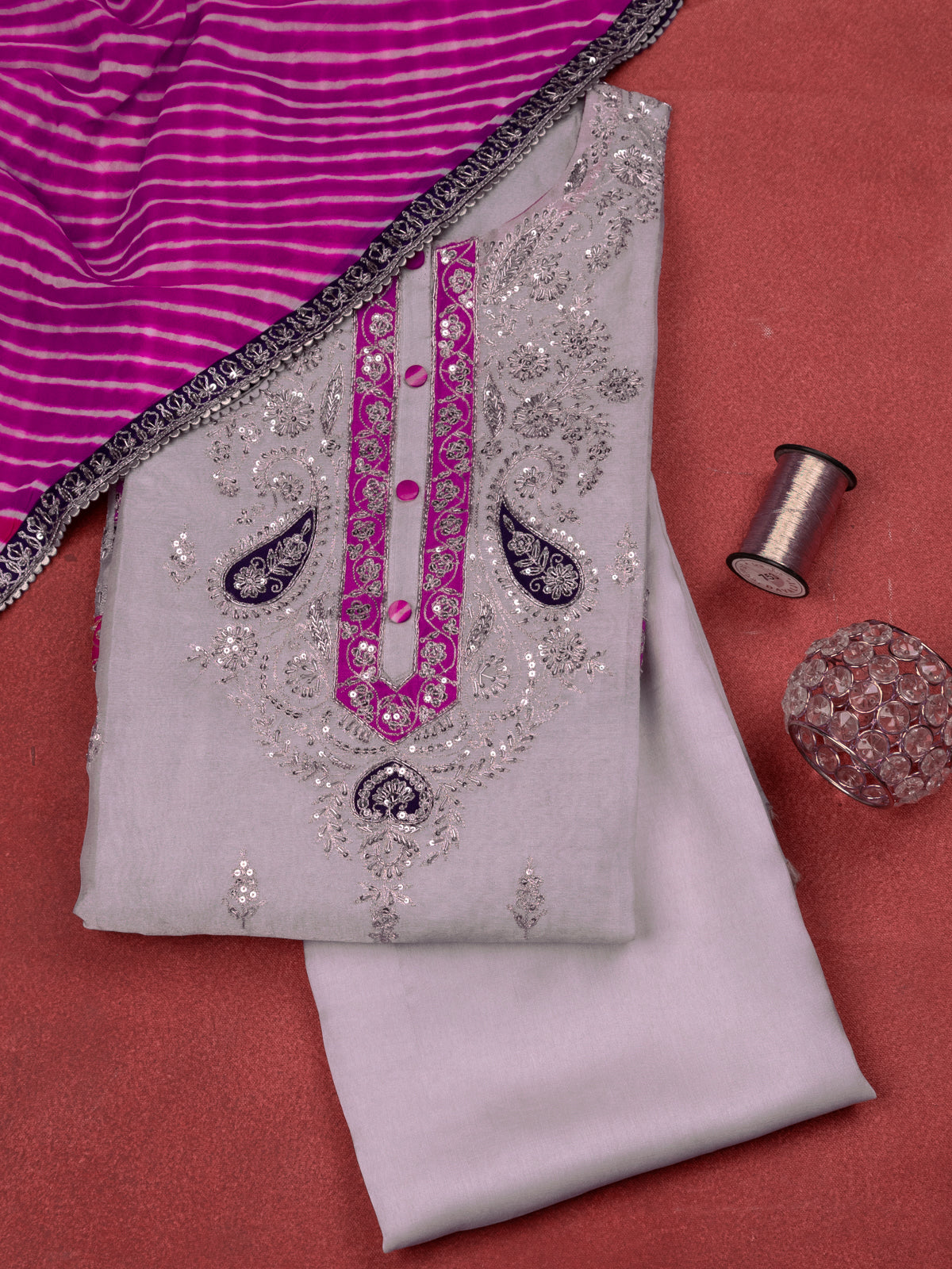 Silver & Pink Tissue Silk Semi-Stitched Suit