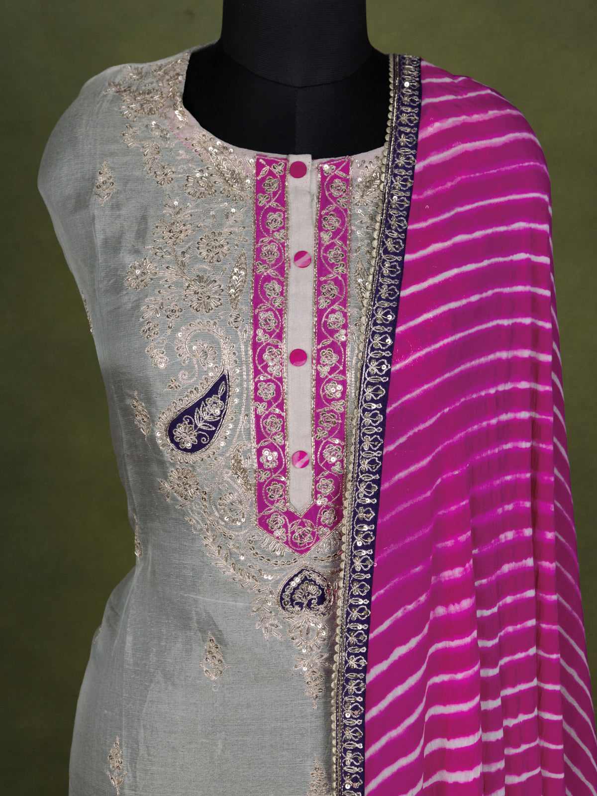 Silver & Pink Tissue Silk Semi-Stitched Suit
