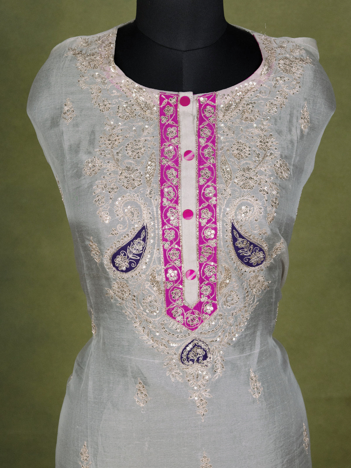Silver & Pink Tissue Silk Semi-Stitched Suit