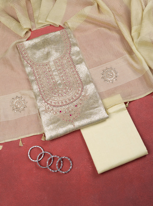 Pista Green Tissue Silk Unstitched Suit with Heavy Zari