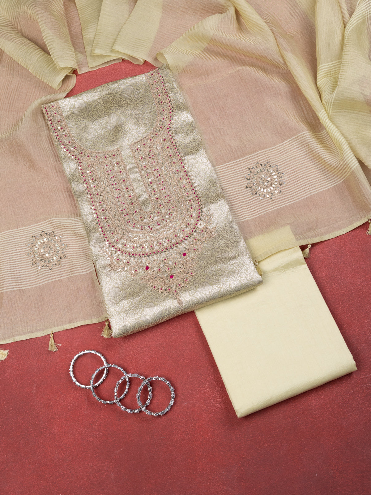 Pista Green Tissue Silk Unstitched Suit with Heavy Zari