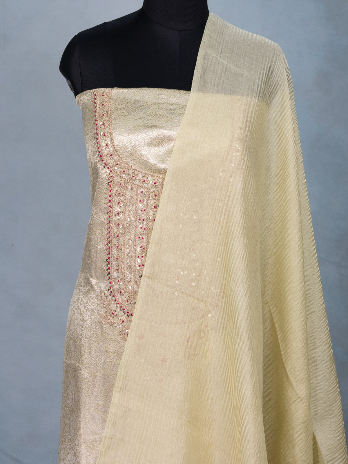 Pista Green Tissue Silk Unstitched Suit with Heavy Zari