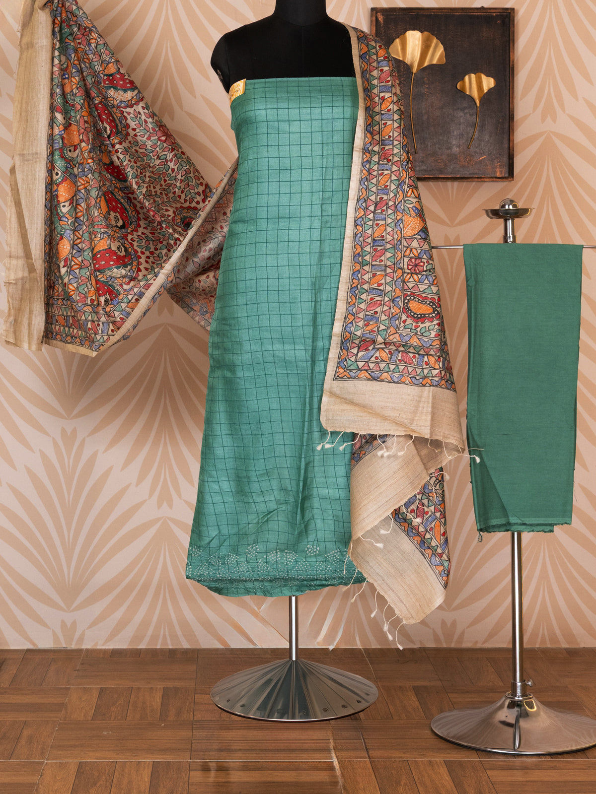 Green Tussar Silk Unstitched Suit