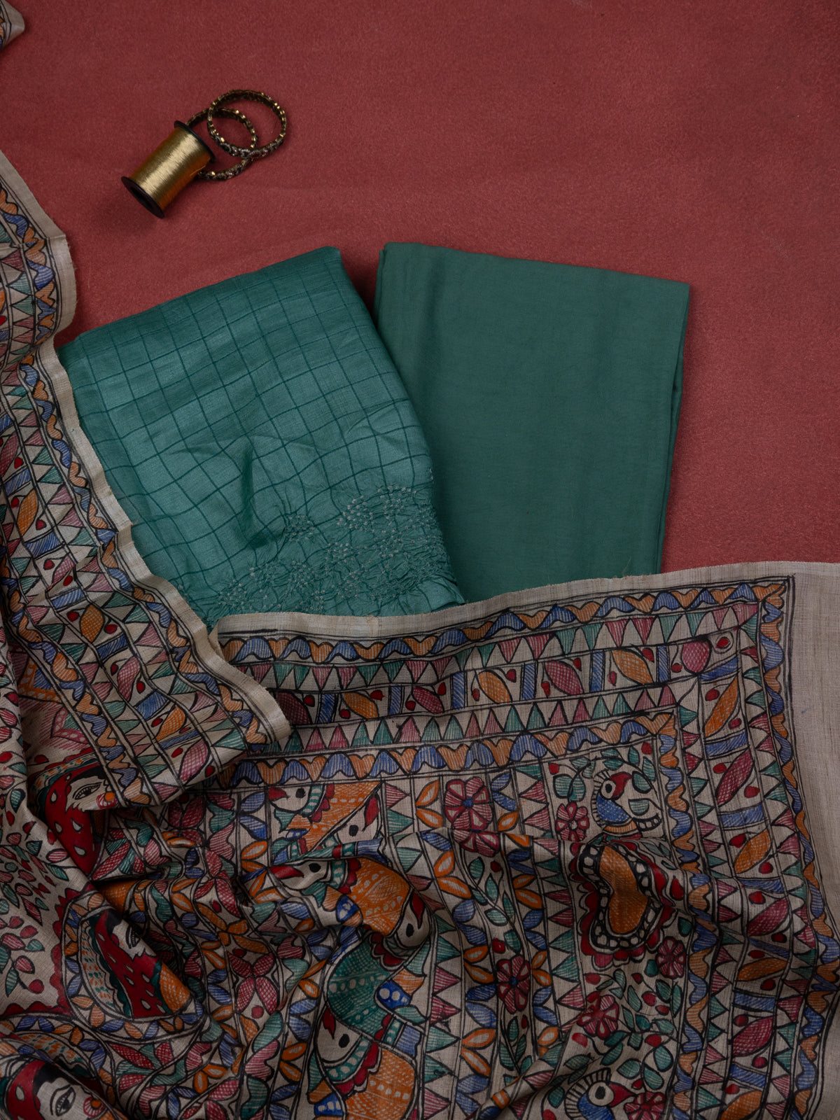 Green Tussar Silk Unstitched Suit
