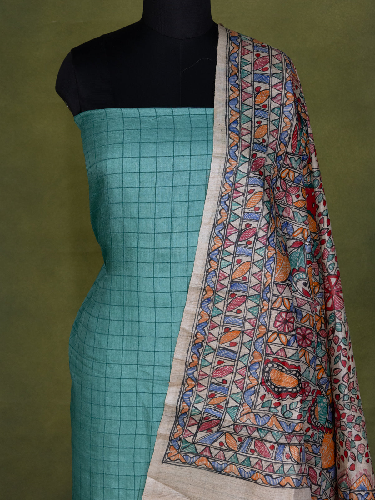 Green Tussar Silk Unstitched Suit