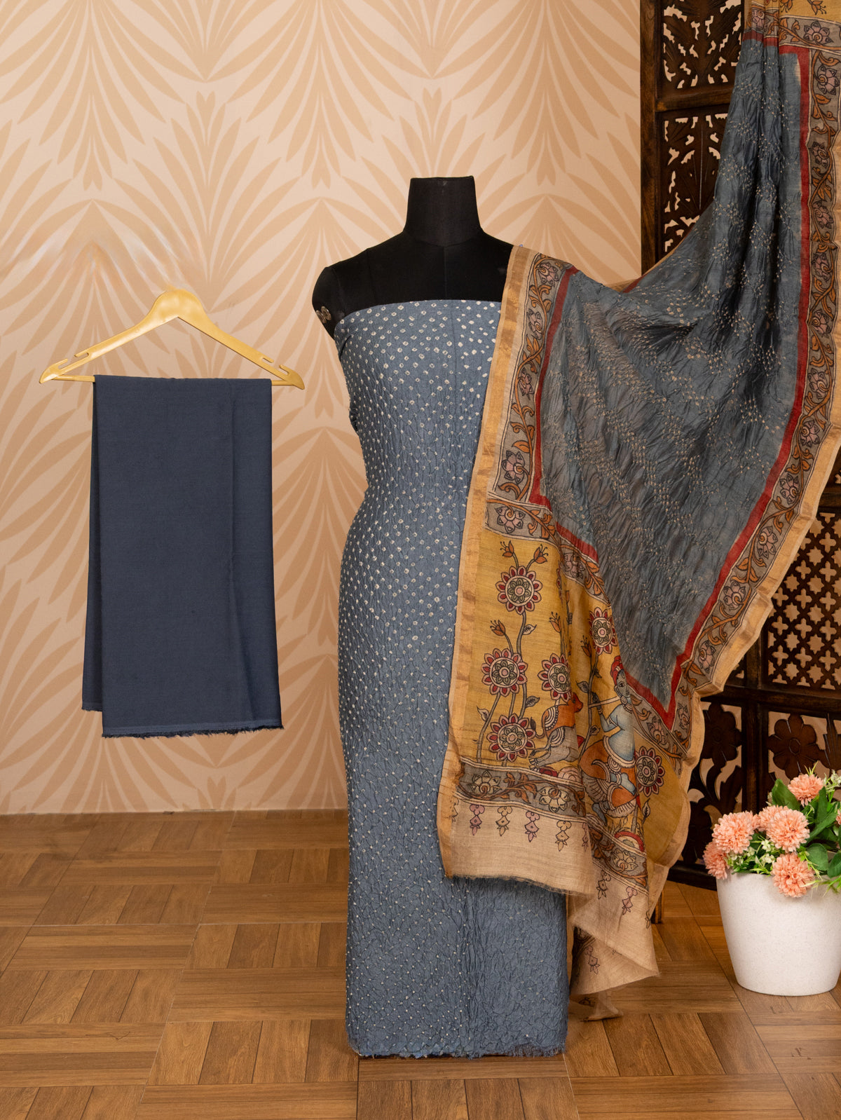 Bluish Grey Pure Tussar Bandhini Silk Unstitched Suit