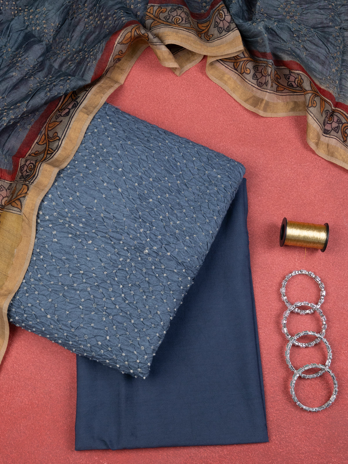 Bluish Grey Pure Tussar Bandhini Silk Unstitched Suit