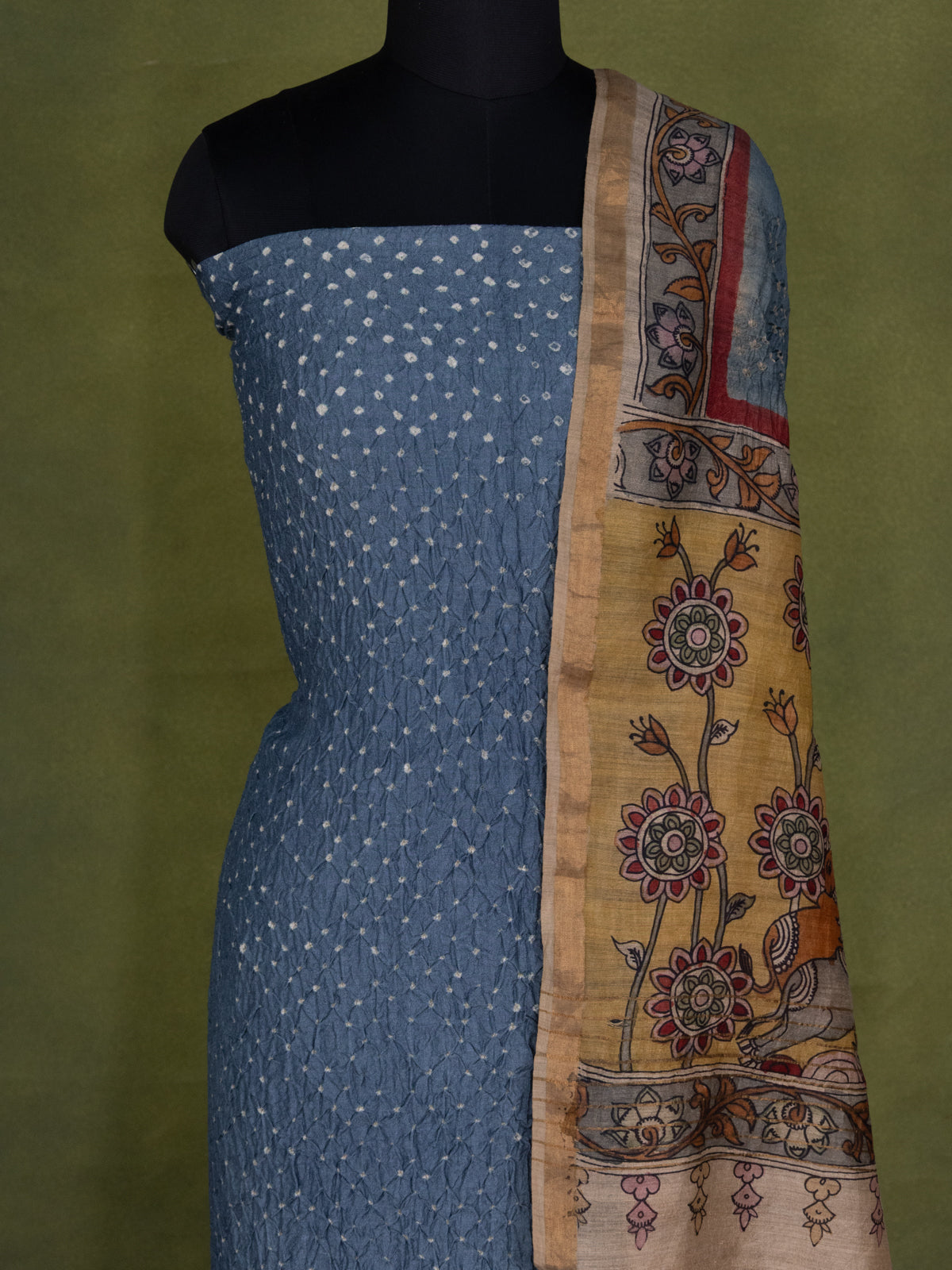 Bluish Grey Pure Tussar Bandhini Silk Unstitched Suit