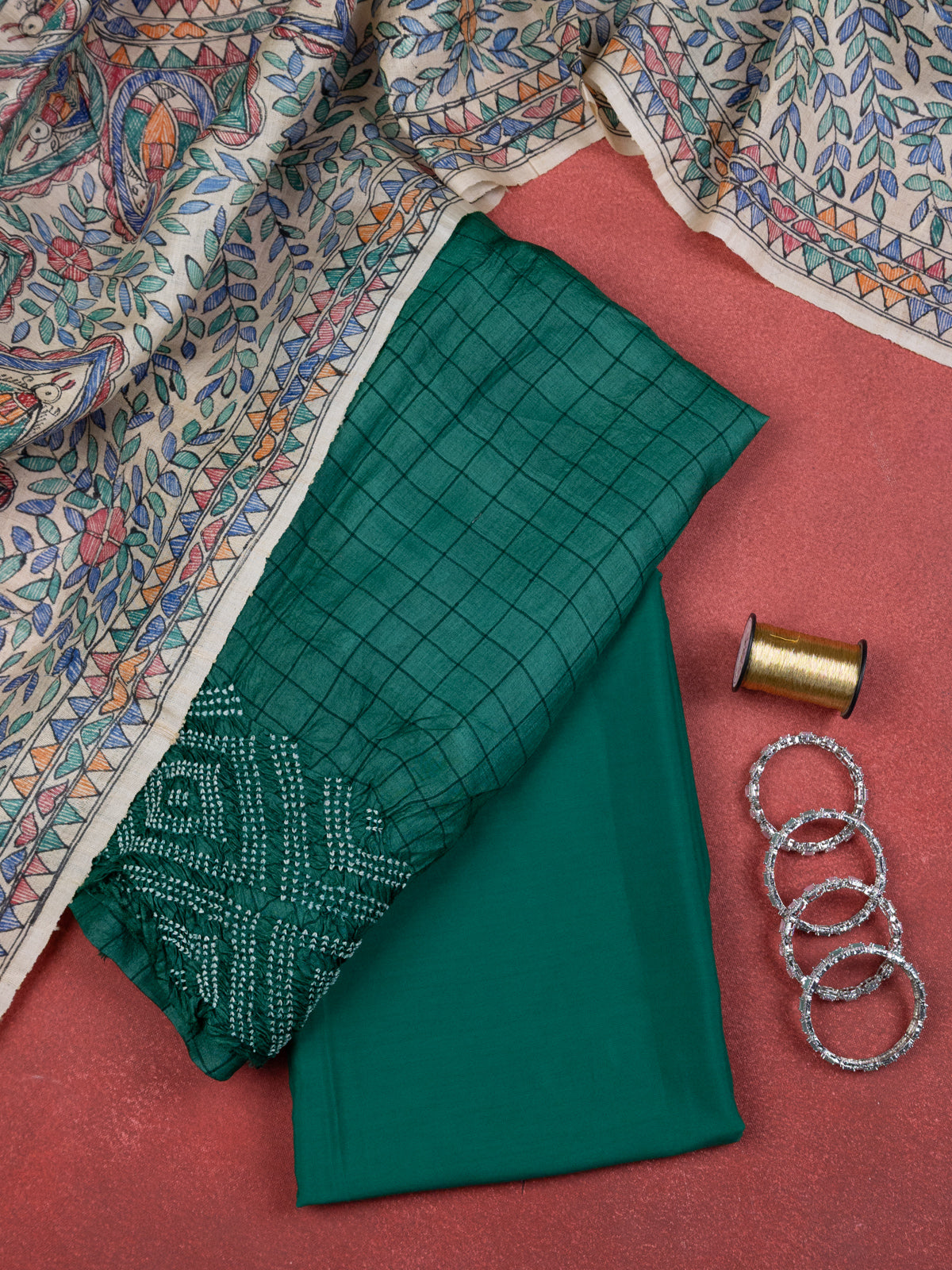 Green Tussar Silk Unstitched Suit