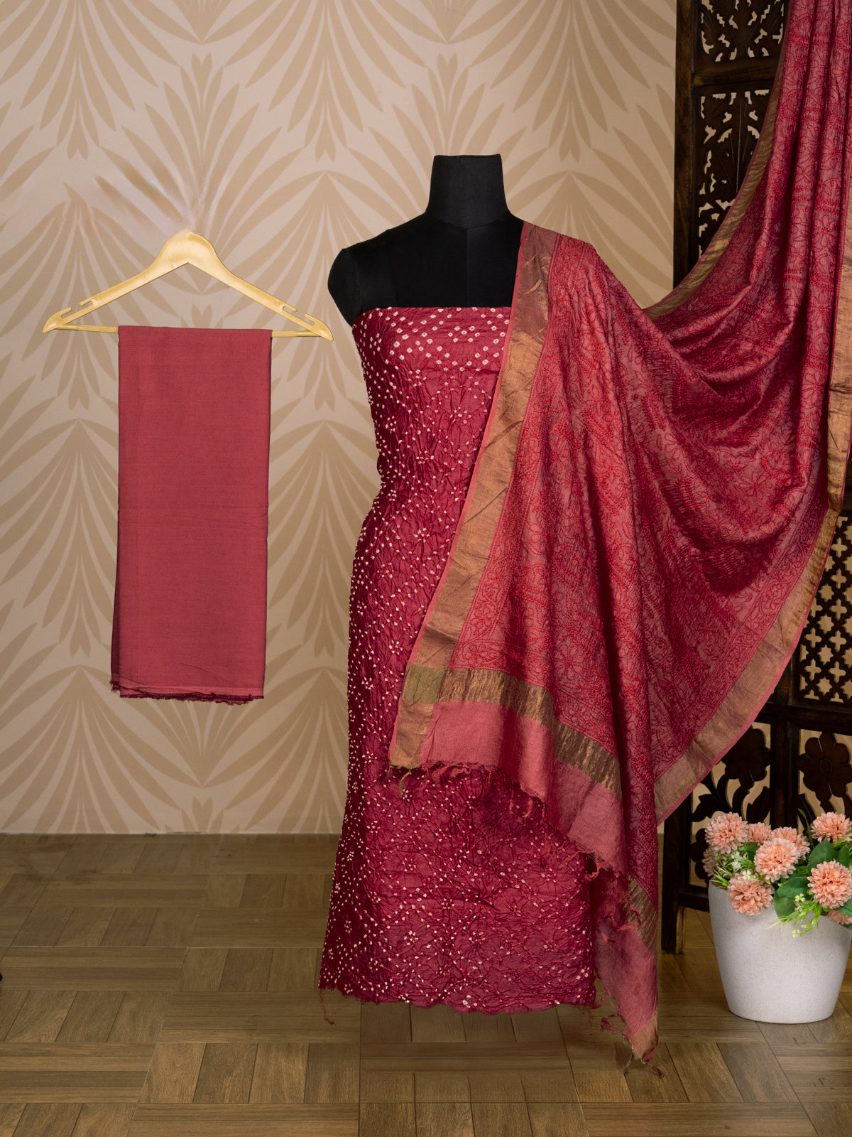 Red Pure Tussar Bandhini Silk Unstitched Suit