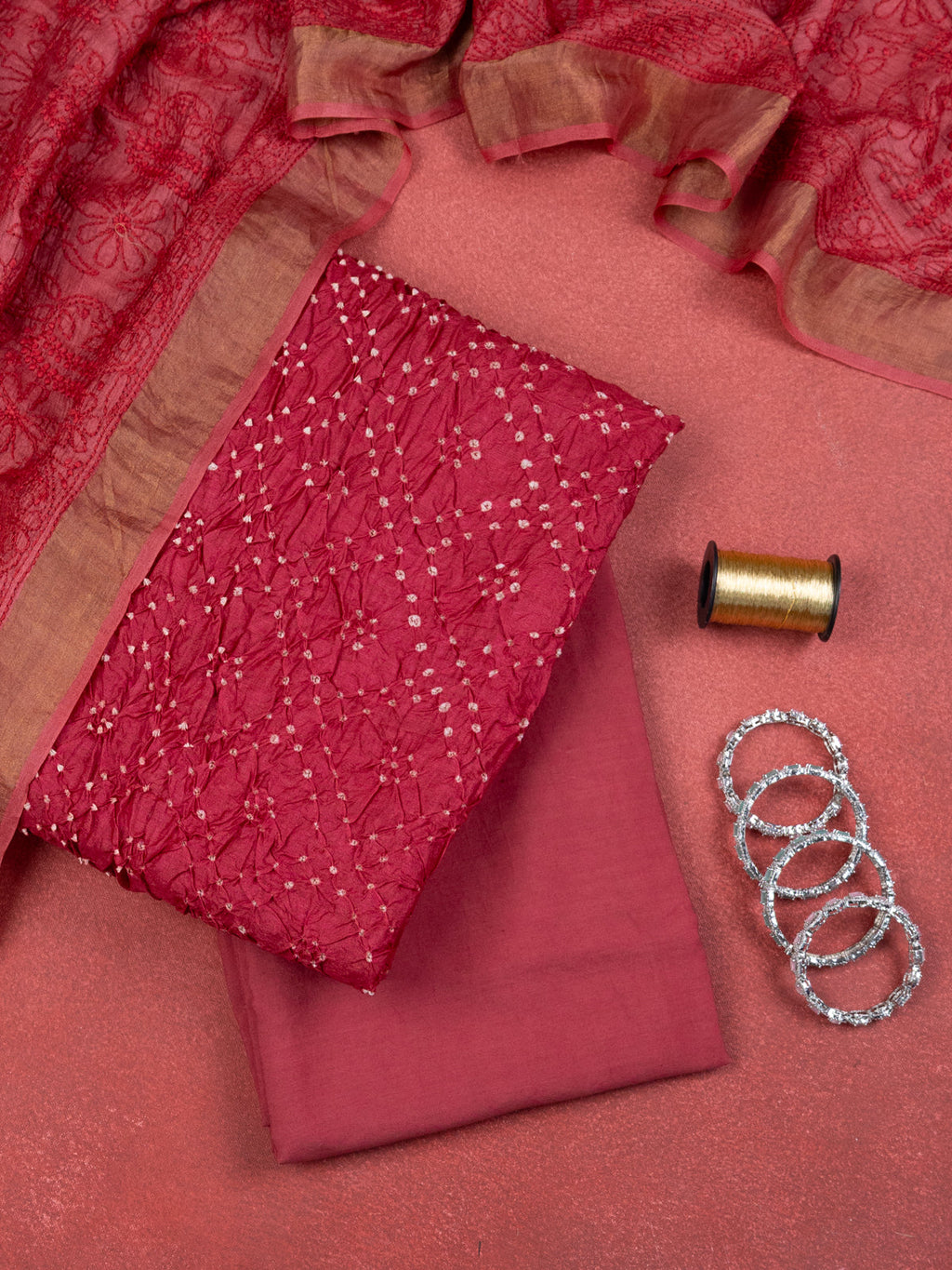 Red Pure Tussar Bandhini Silk Unstitched Suit