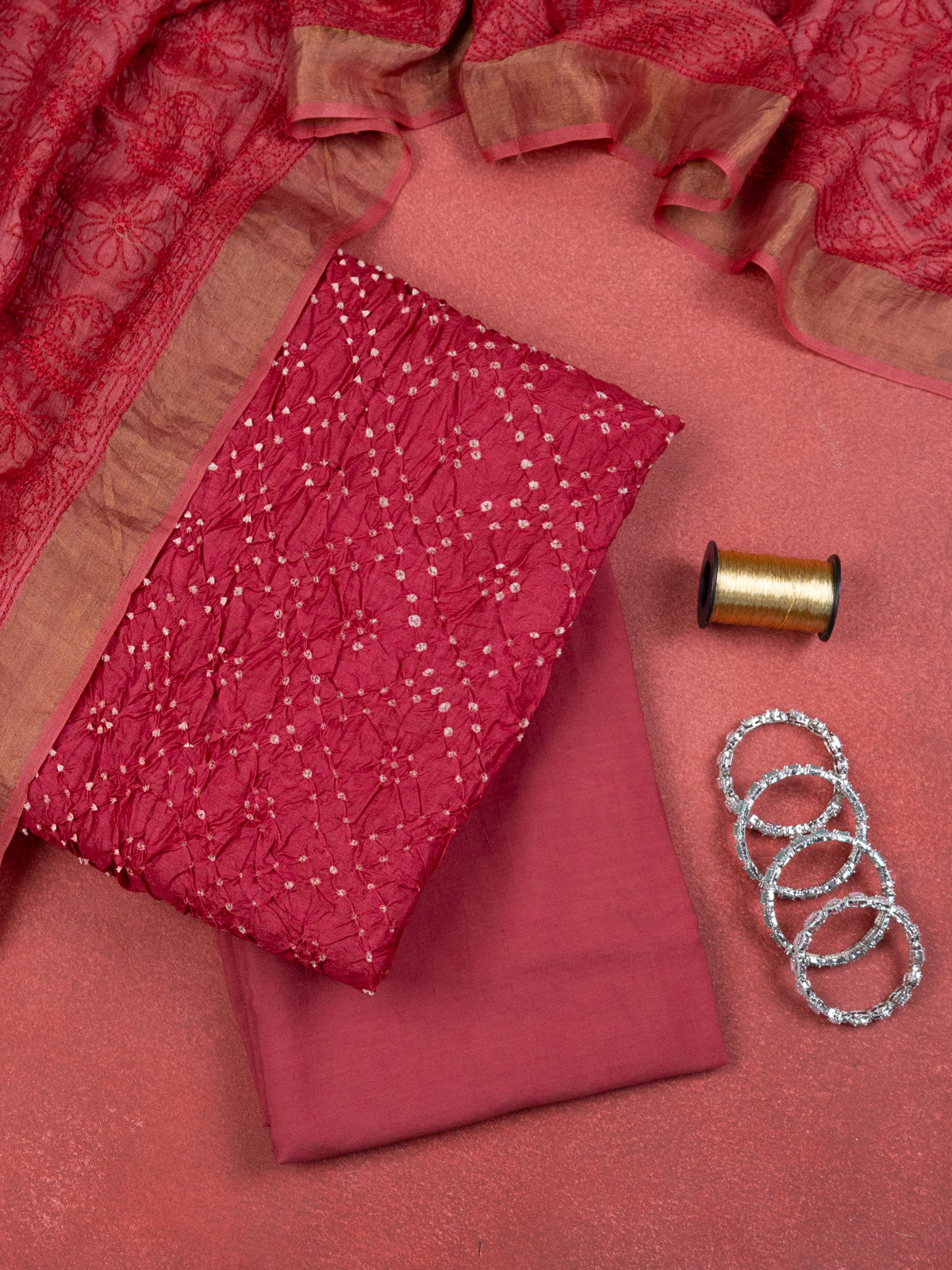 Red Pure Tussar Bandhini Silk Unstitched Suit