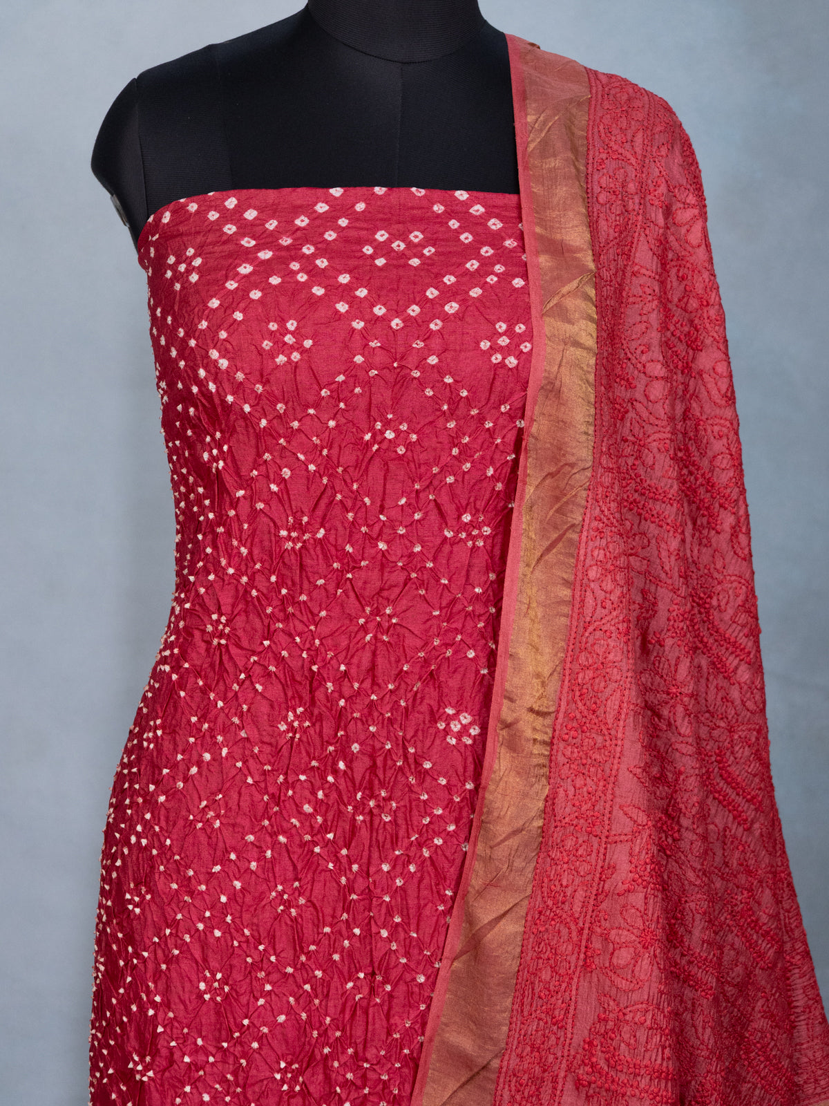 Red Pure Tussar Bandhini Silk Unstitched Suit