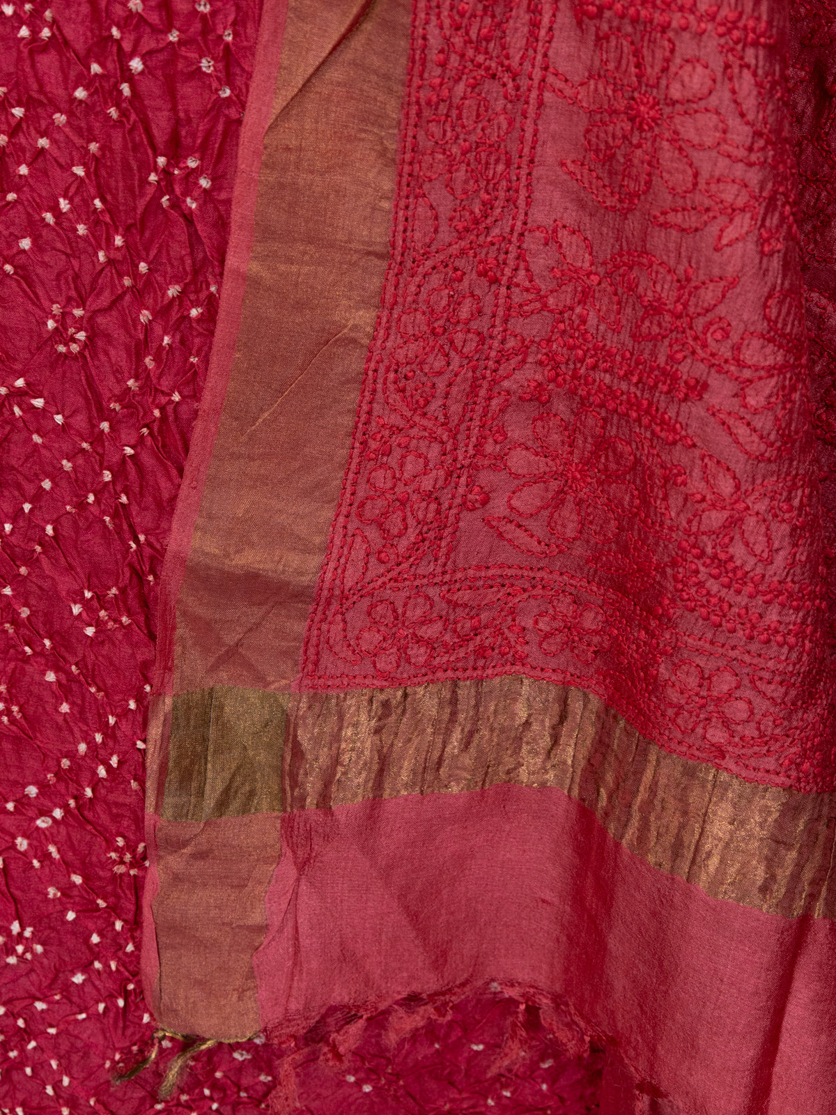 Red Pure Tussar Bandhini Silk Unstitched Suit