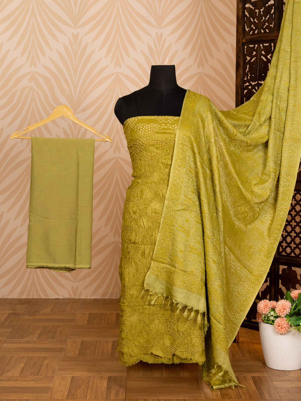 Mehendi Green Pure Tussar Bandhini Silk Unstitched Suit