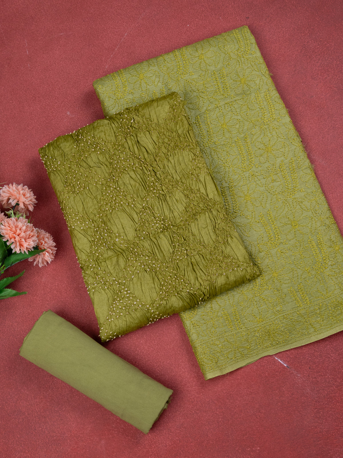 Mehendi Green Pure Tussar Bandhini Silk Unstitched Suit