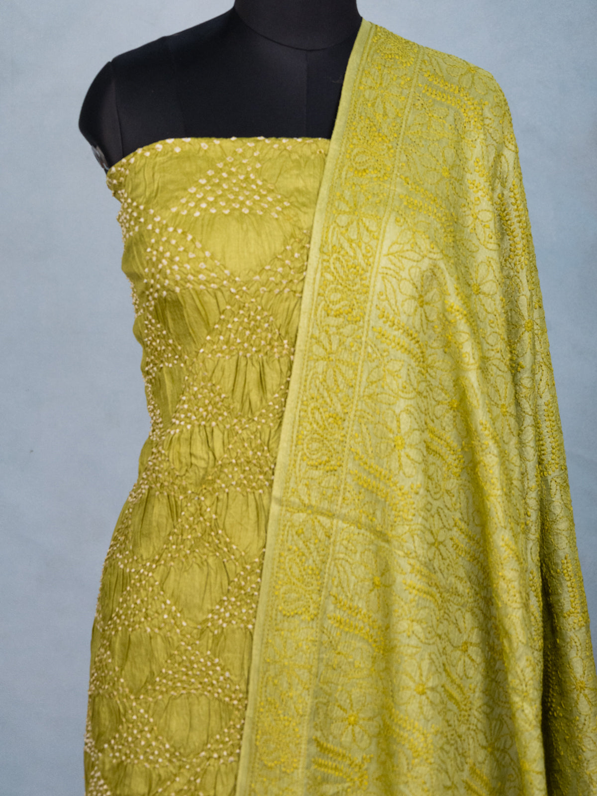 Mehendi Green Pure Tussar Bandhini Silk Unstitched Suit