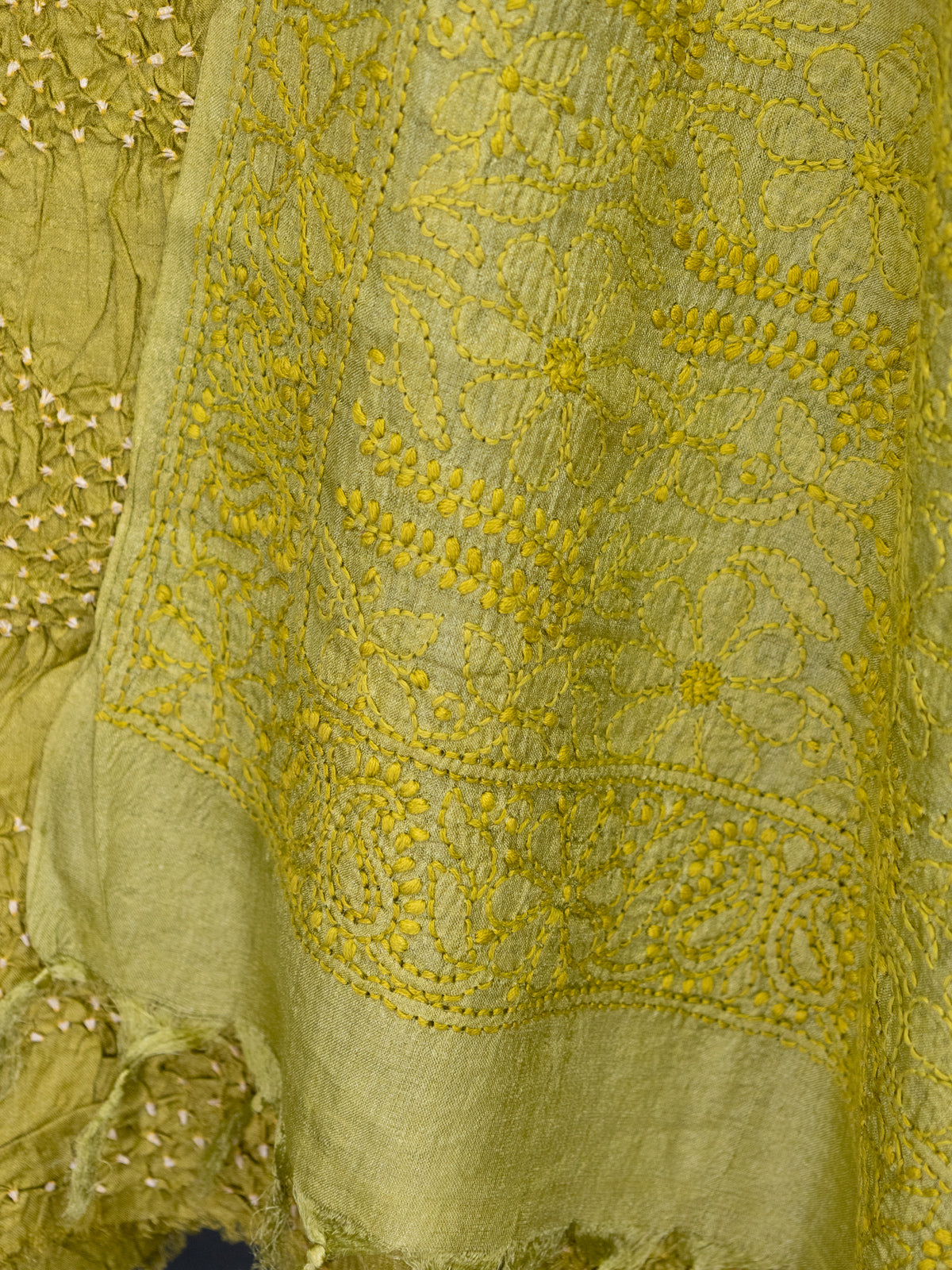 Mehendi Green Pure Tussar Bandhini Silk Unstitched Suit