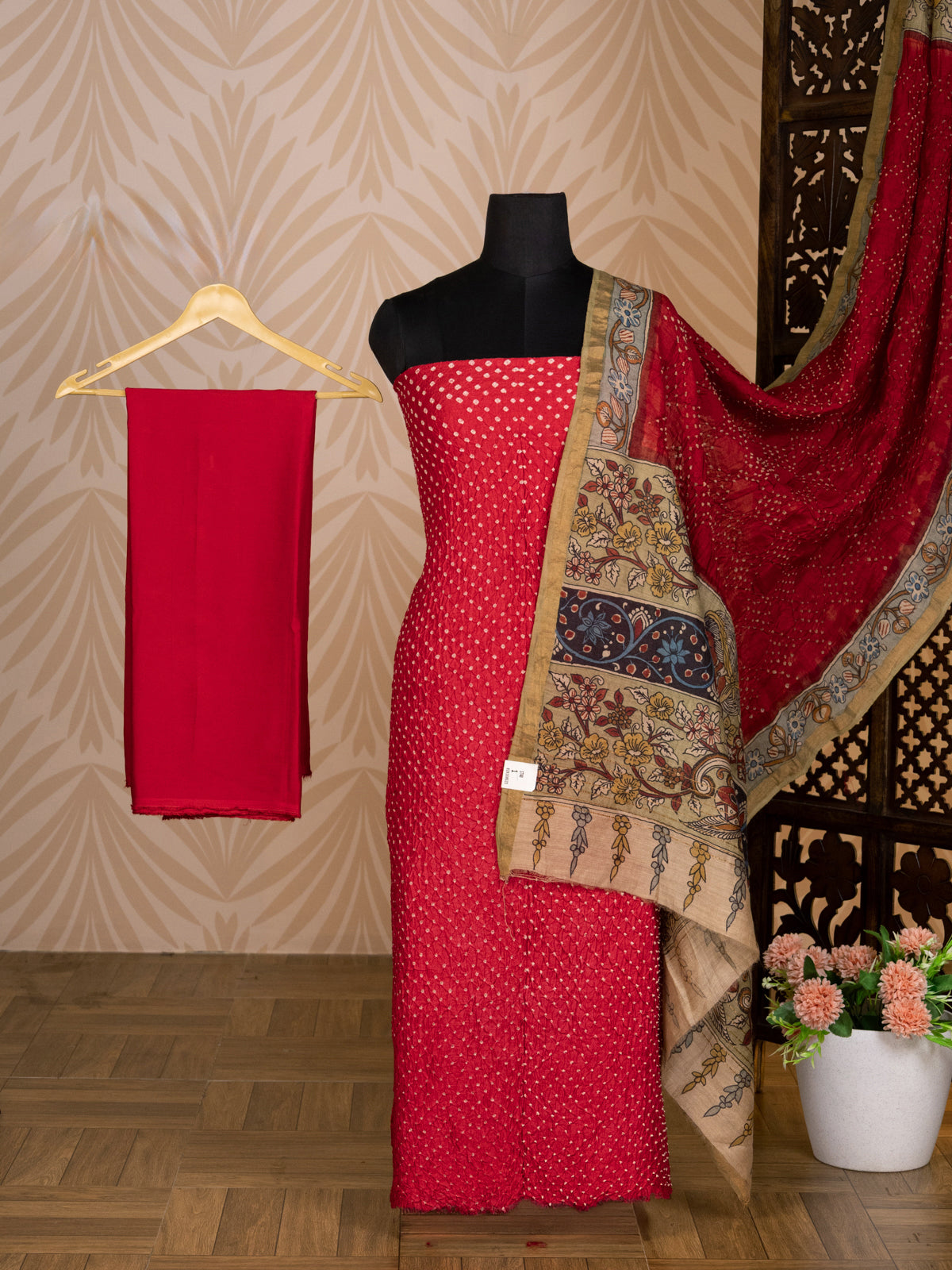 Red Pure Tussar Bandhini Silk Unstitched Suit