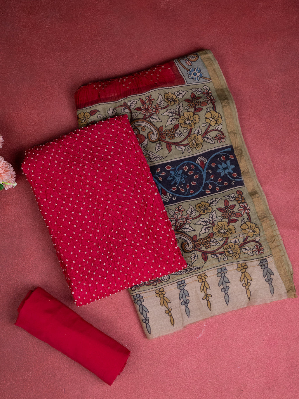 Red Pure Tussar Bandhini Silk Unstitched Suit