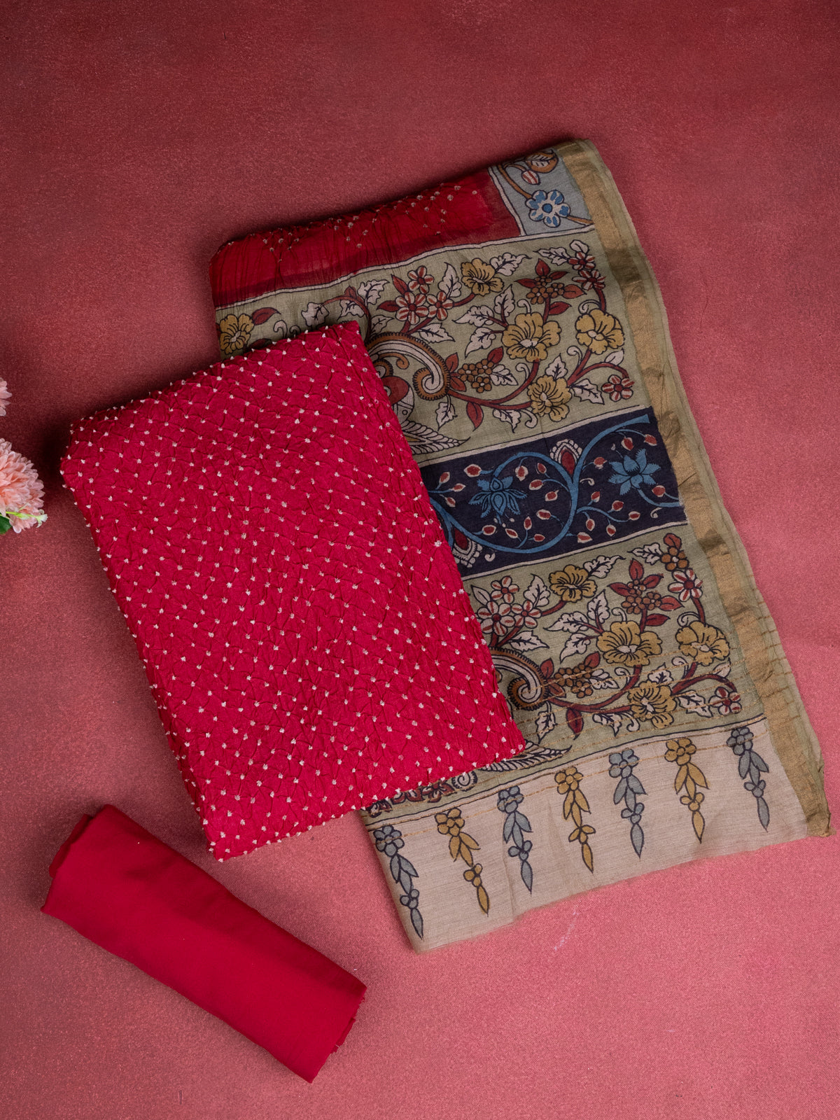Red Pure Tussar Bandhini Silk Unstitched Suit