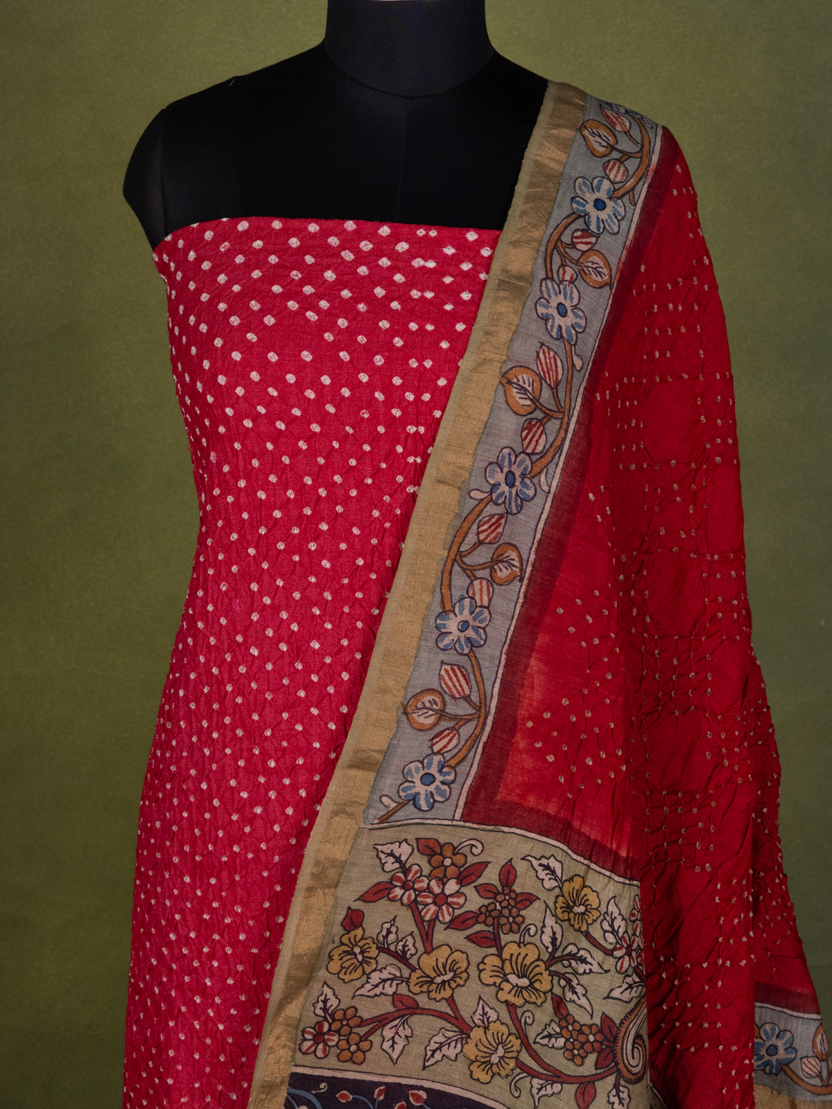 Red Pure Tussar Bandhini Silk Unstitched Suit