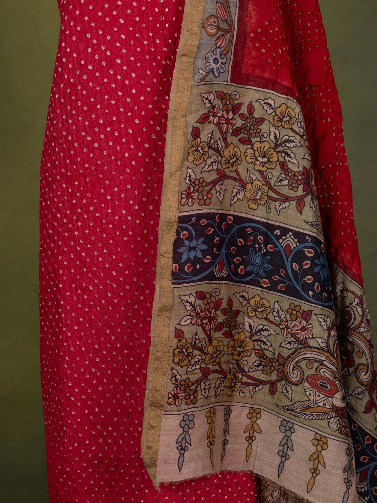Red Pure Tussar Bandhini Silk Unstitched Suit