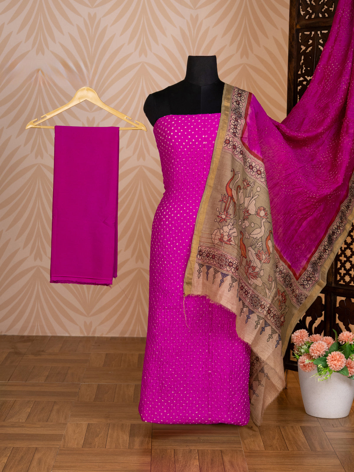 Pink Pure Tussar Bandhini Silk Unstitched Suit