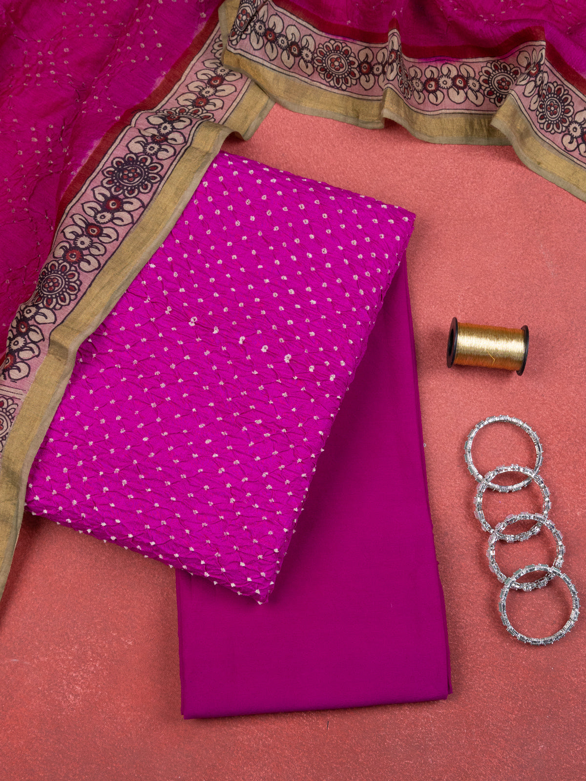 Pink Pure Tussar Bandhini Silk Unstitched Suit