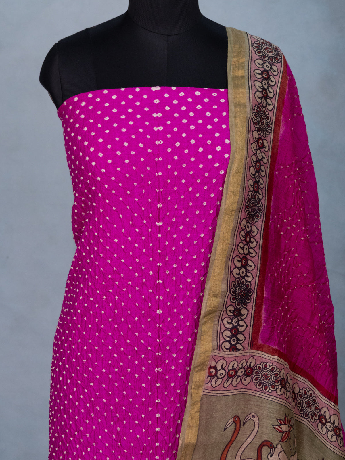 Pink Pure Tussar Bandhini Silk Unstitched Suit