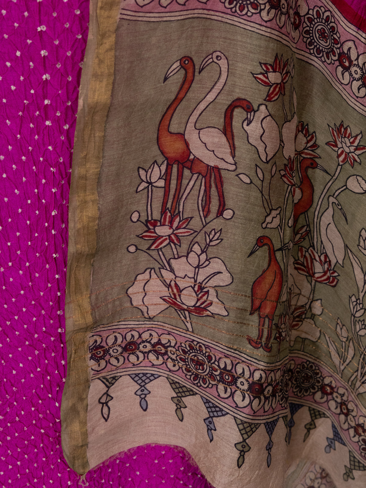 Pink Pure Tussar Bandhini Silk Unstitched Suit