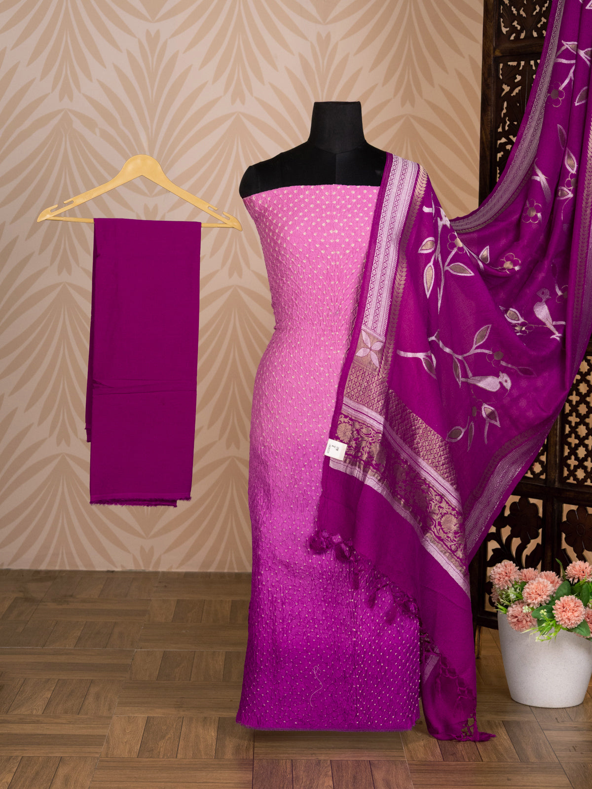 Pastel Pink & Purple Pure Tussar Bandhini Silk Unstitched Suit