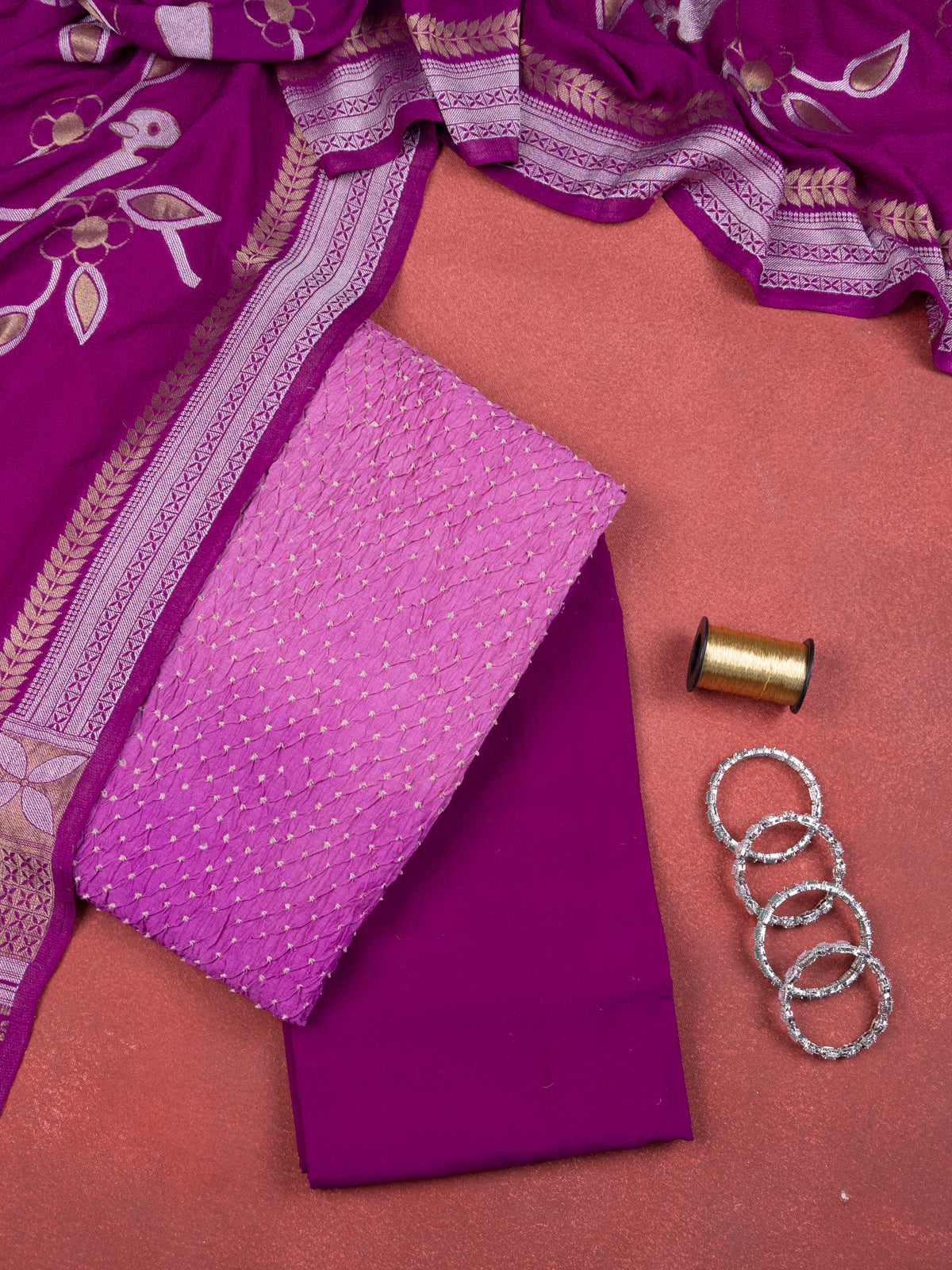 Pastel Pink & Purple Pure Tussar Bandhini Silk Unstitched Suit