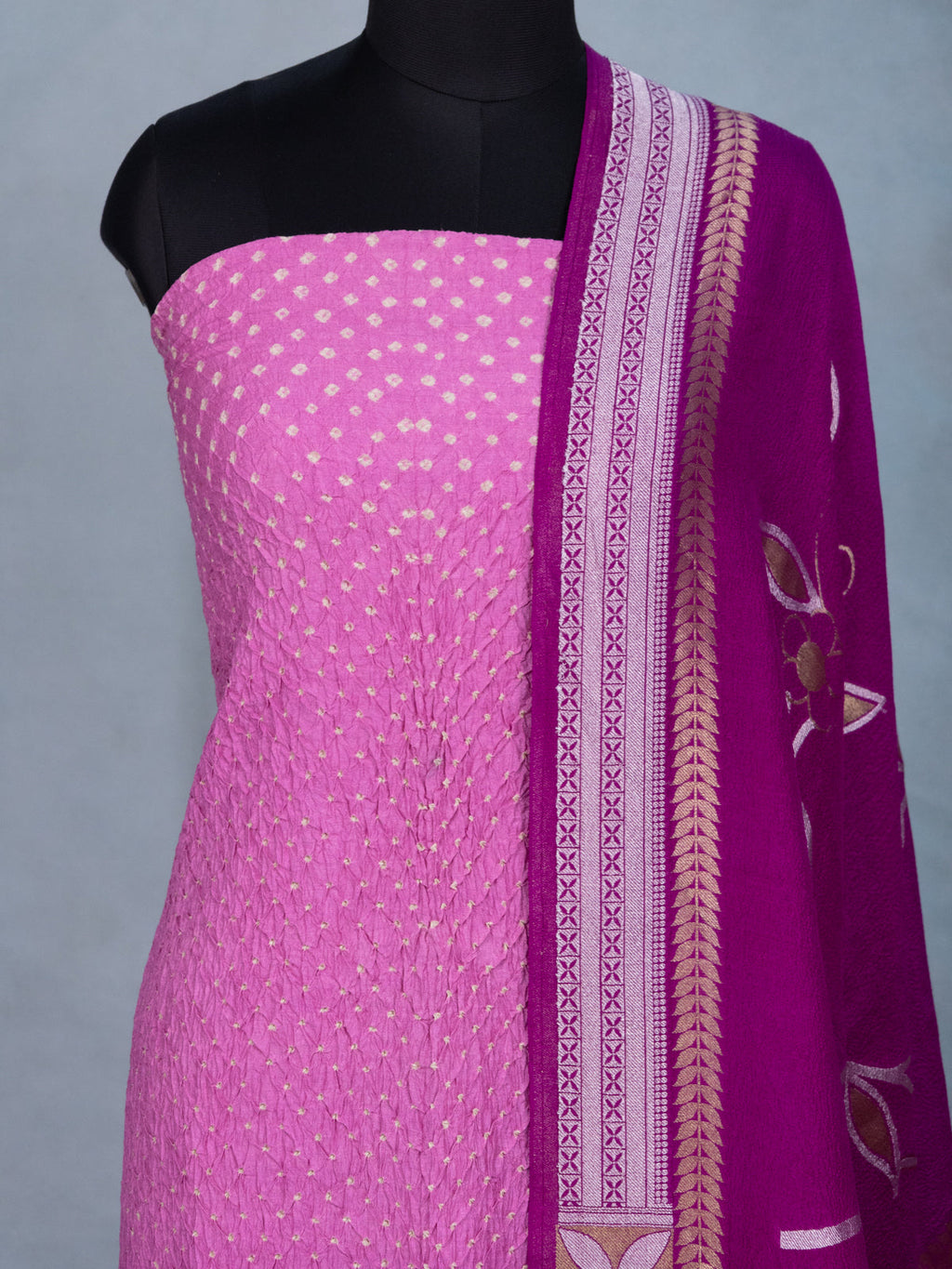 Pastel Pink & Purple Pure Tussar Bandhini Silk Unstitched Suit