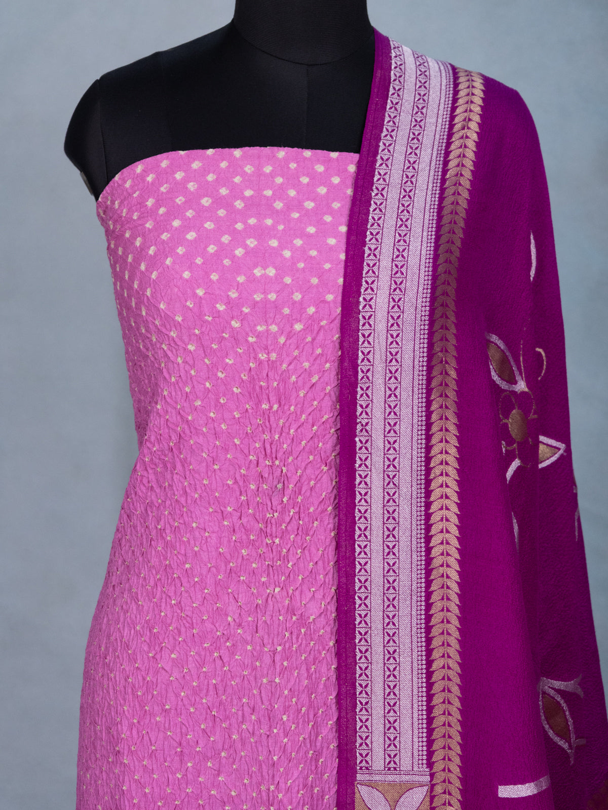Pastel Pink & Purple Pure Tussar Bandhini Silk Unstitched Suit