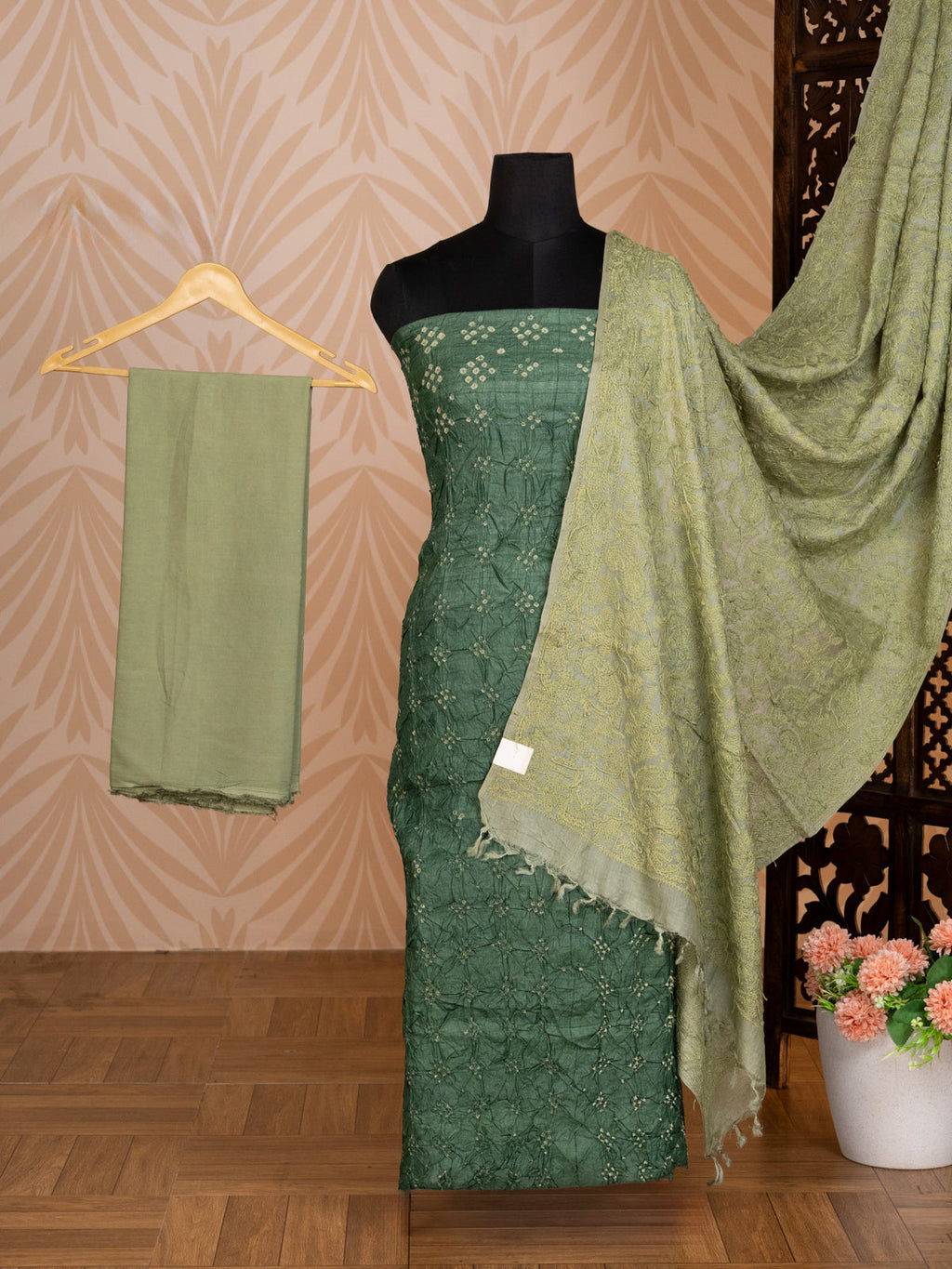 Green & Pastel Green Pure Tussar Bandhini Silk Unstitched Suit