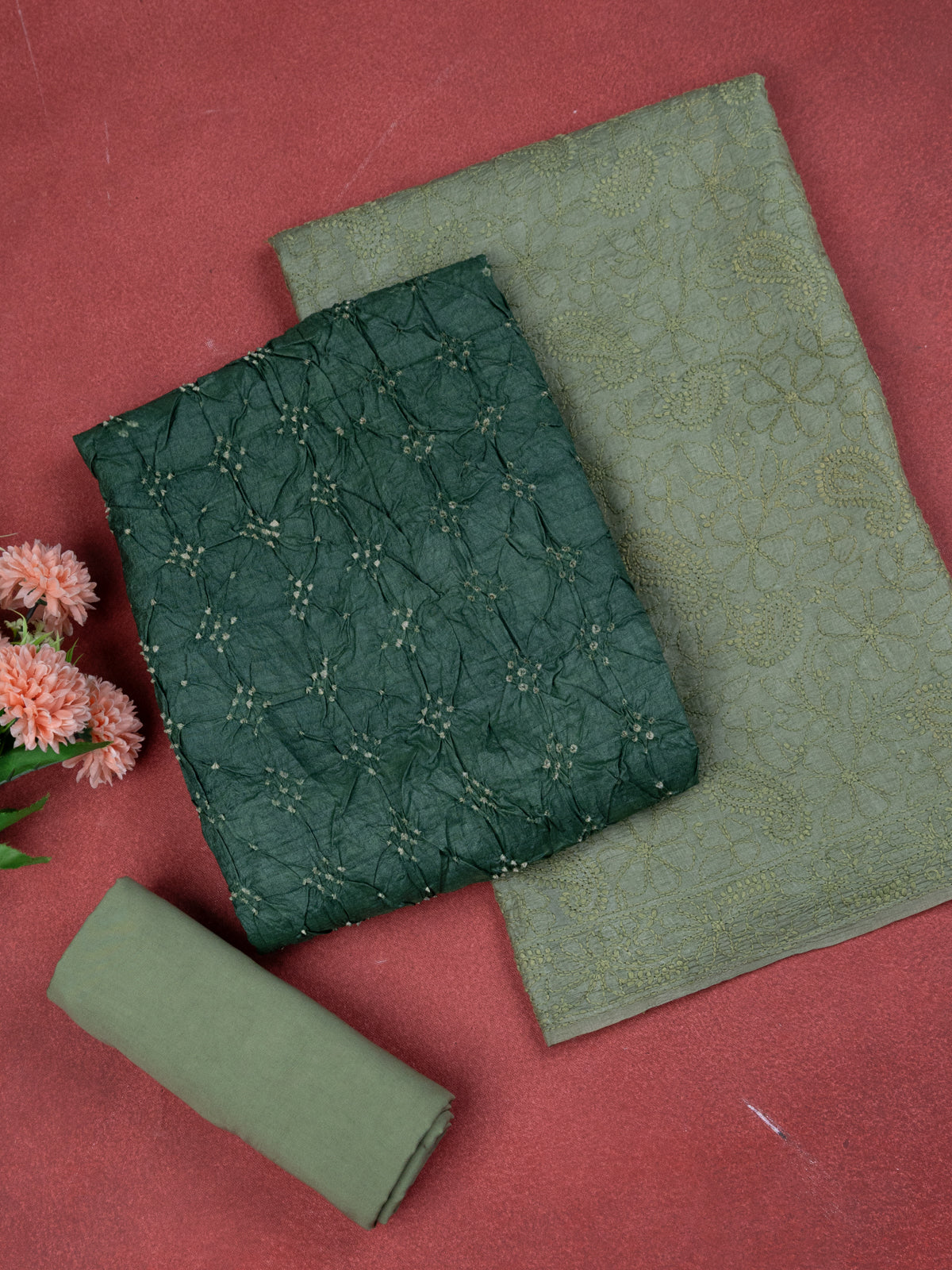 Green & Pastel Green Pure Tussar Bandhini Silk Unstitched Suit