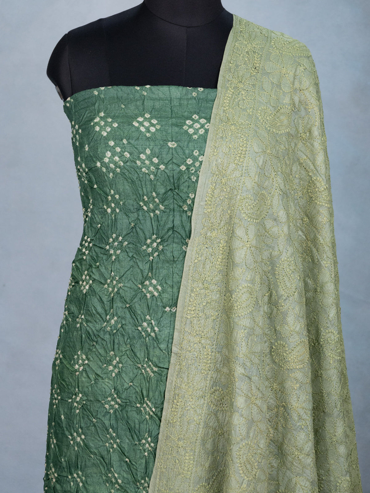 Green & Pastel Green Pure Tussar Bandhini Silk Unstitched Suit