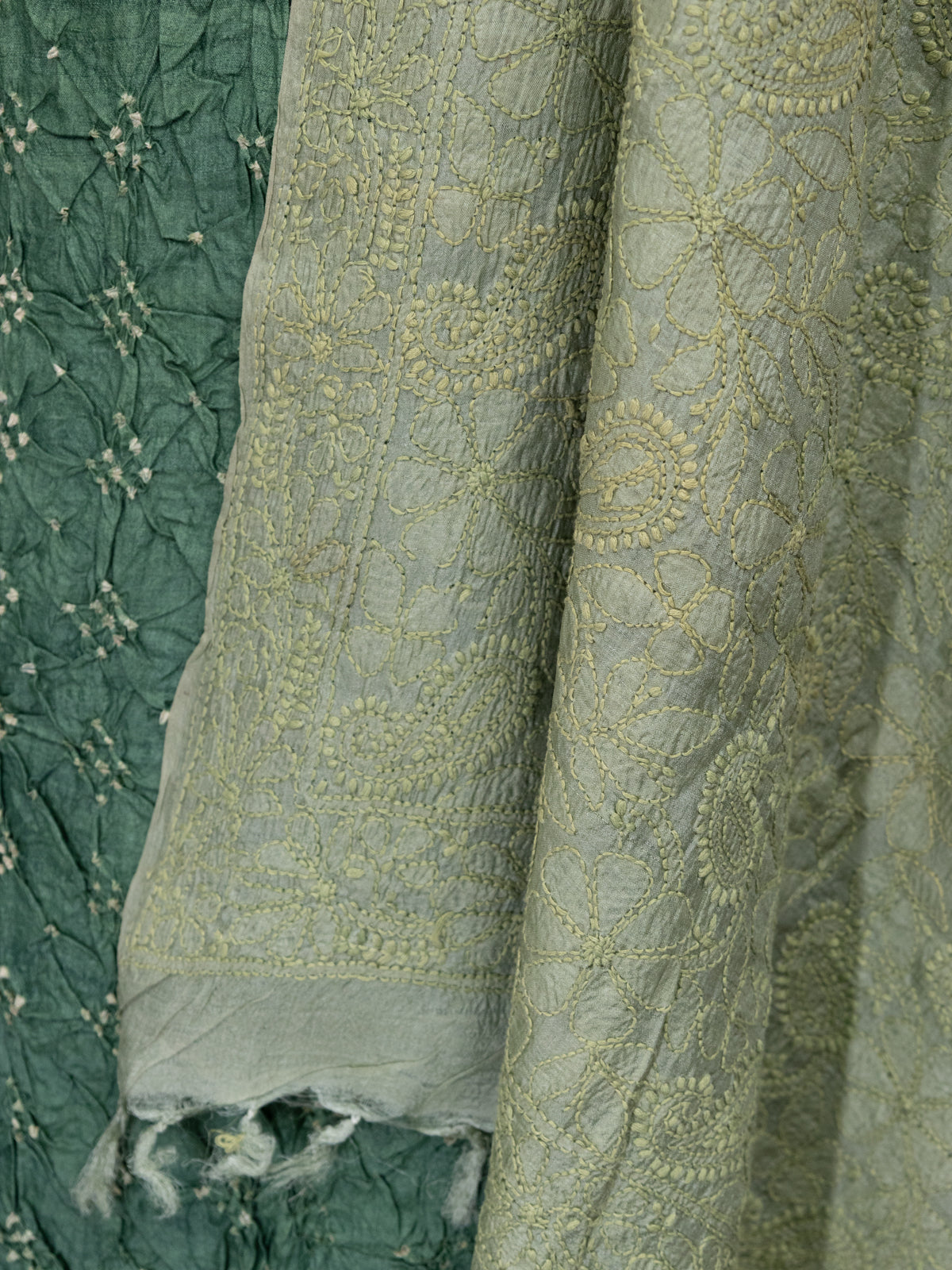 Green & Pastel Green Pure Tussar Bandhini Silk Unstitched Suit
