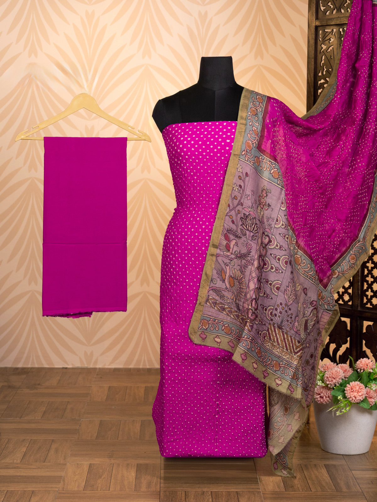 Pink Pure Tussar Bandhini Silk Unstitched Suit