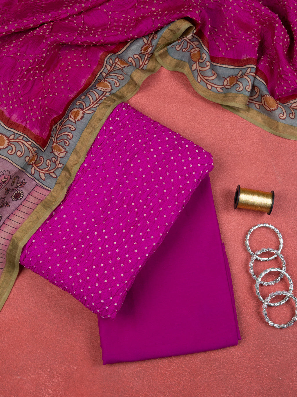 Pink Pure Tussar Bandhini Silk Unstitched Suit
