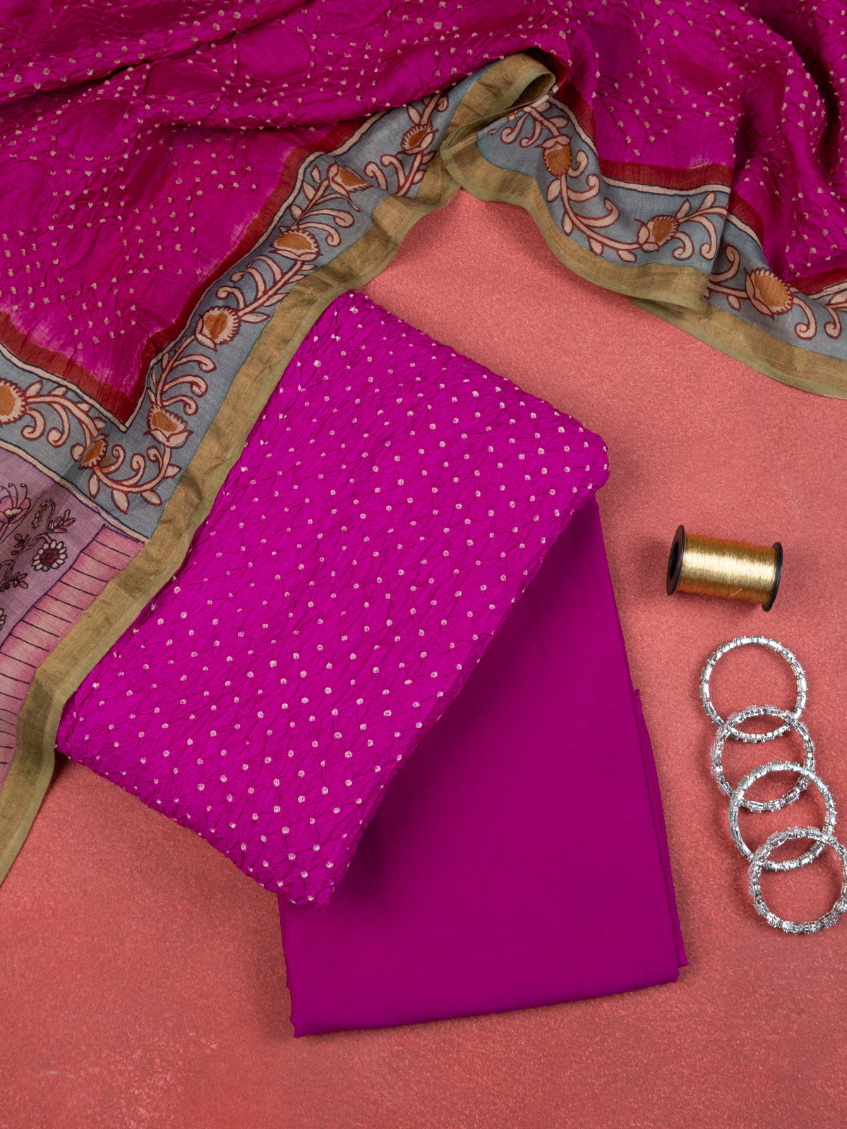 Pink Pure Tussar Bandhini Silk Unstitched Suit